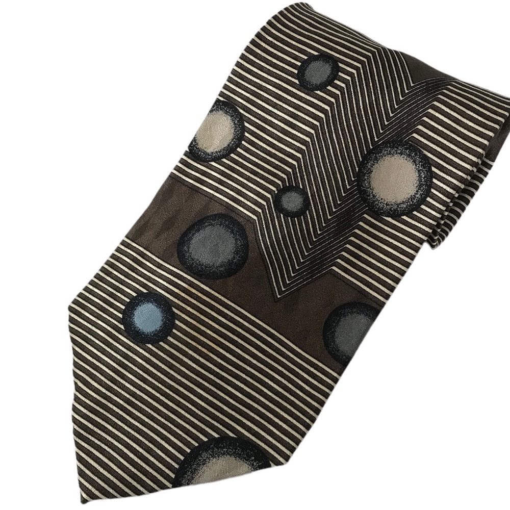 Silk Tie Brown Tan & Blue Geometric Pattern